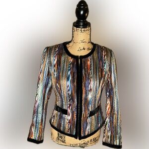 Katherine Multitextured Yarn Striped Velvet Trim Colorful Blazer Jacket Petite S
